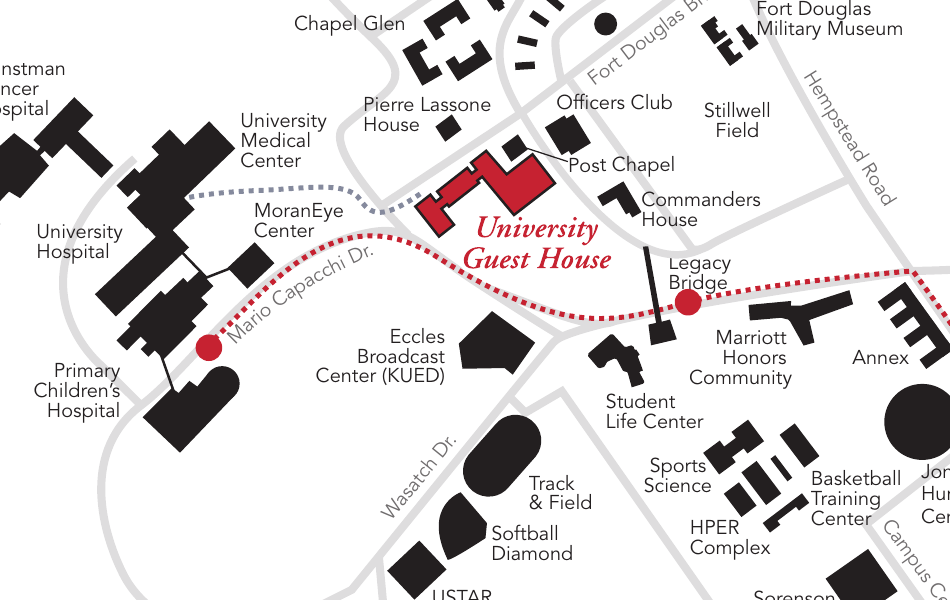 Campus map centered on the University Guest House and Legacy Bridge